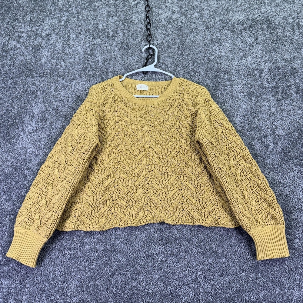 Poof Apparel Sweater Womens L Yellow Cable Knit Chenille Crew Pullover Casual